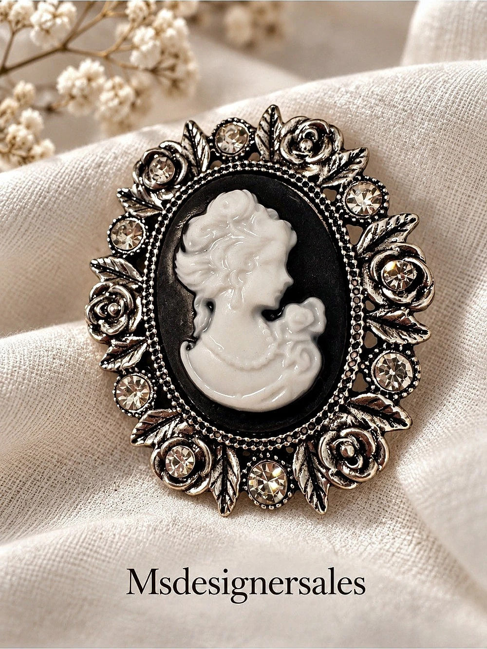 Cameo Floral Rhinestone Brooch 221